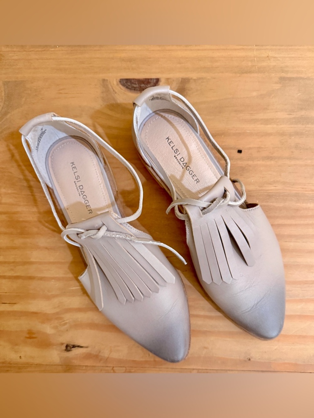 Kelsi Dagger Cream Pointed Fringe D'Orsay Flats with Ankle Tie